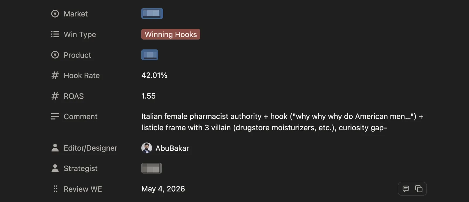 Winning ad performance screenshot